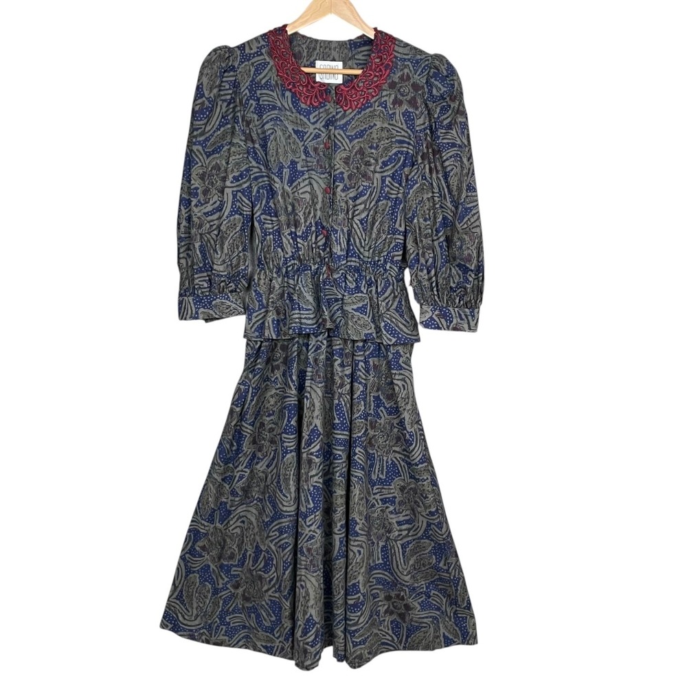 Vintage Sabino Paisley Puff Sleeve Prairie Midi Dress Size‎ 14 Lace Secretary